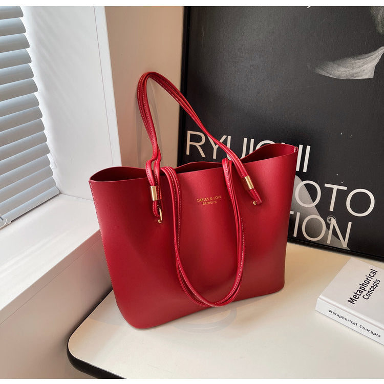 Women's Red Trendy Simple Large Capacity Commuter Tote Bags