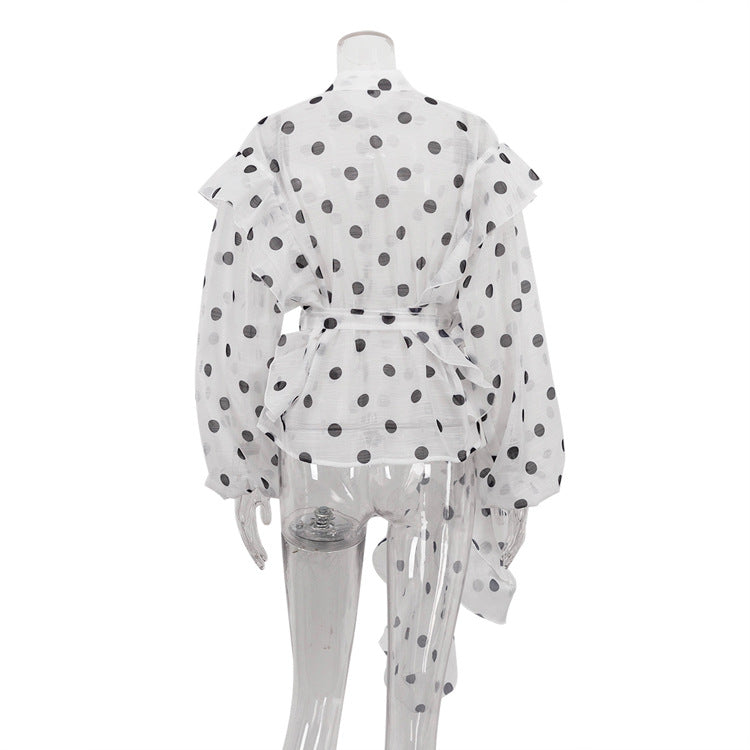 Women's Design Ruffled Strap Polka Dot Shirt Blouses