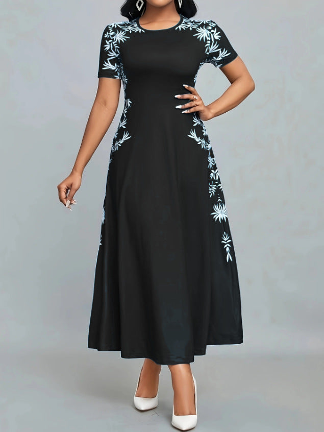 Women's Temperament Crew Neck Printed Fashion High Dress