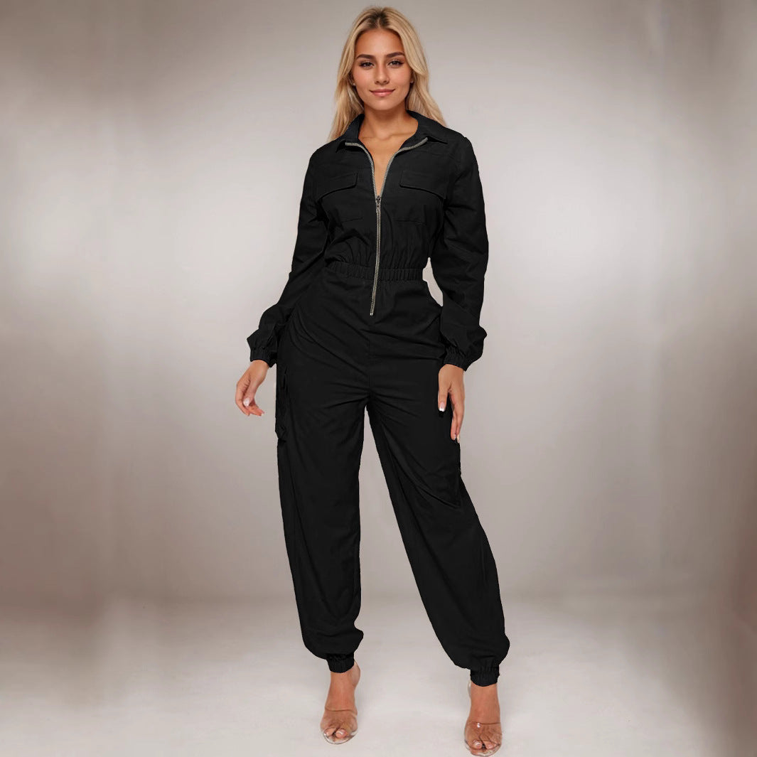 Women's Casual Outing Flip Pocket Coveralls Lapel Jumpsuits