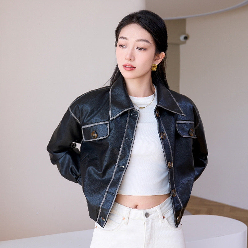 Women's Retro Distressed Leather Elegant Motorcycle Lapel Jackets