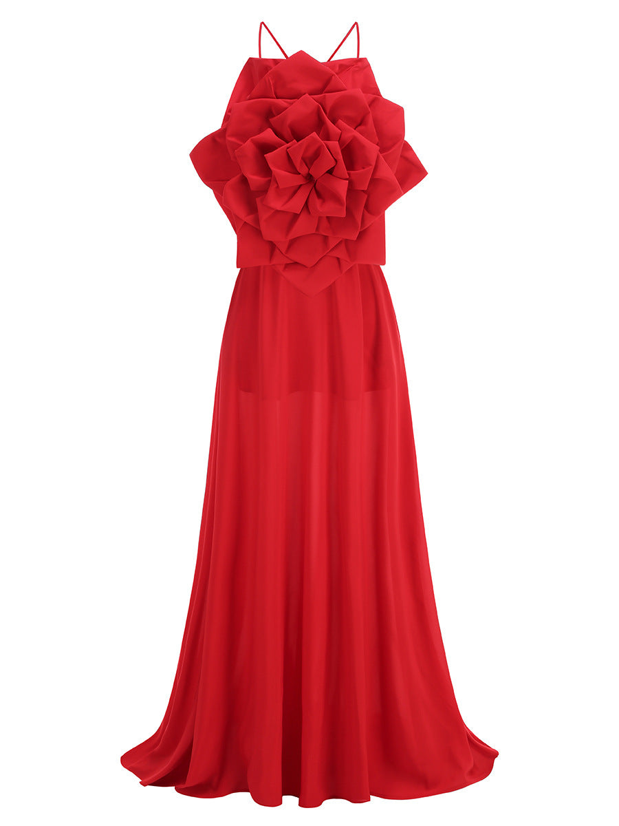 Women's Sling Handmade Three-dimensional Solid Color Formal Dresses