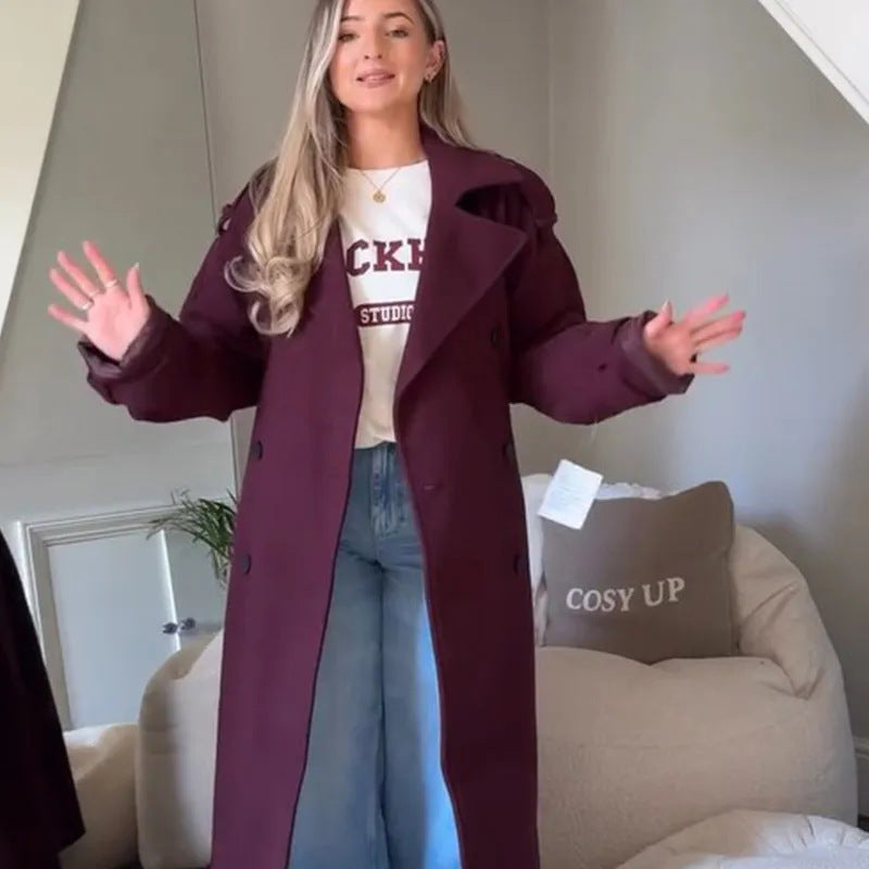 Women's Wine Red Loose Lapel Long Sleeves Jackets