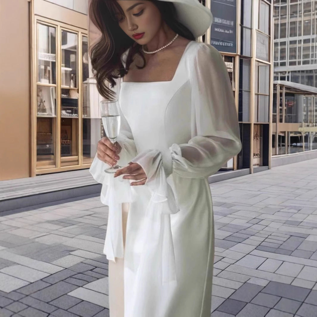 Style Temperament Square Collar Stitching Mesh Micro Transparent Dresses