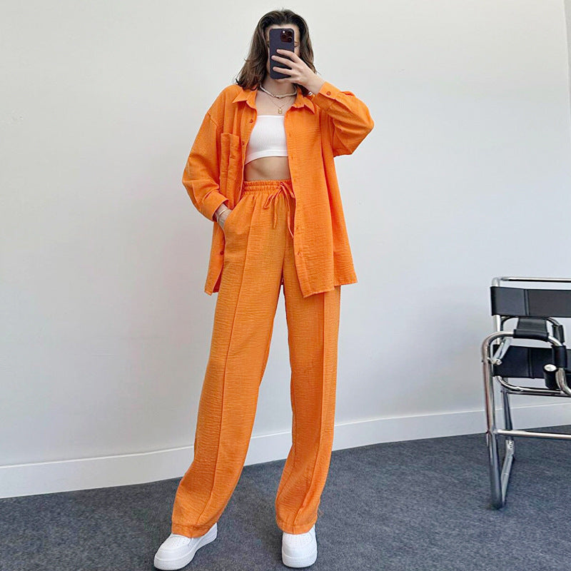 Women's Lady Loose Long-sleeved Shirt Trousers Two-piece Suits