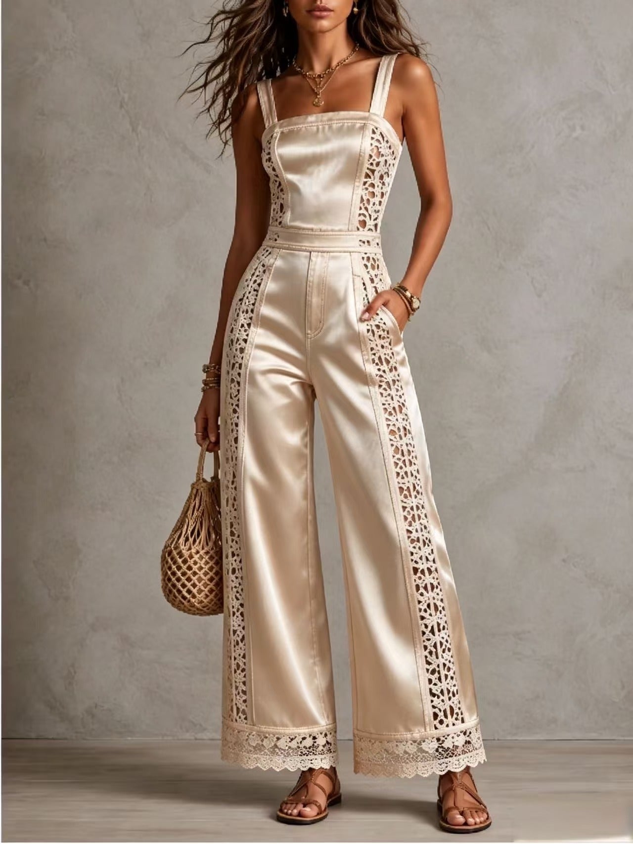 Women's Vacation Style Hollow Crochet Denim Lace Ruffled High Waist Wide Women's Jumpsuit/clothing