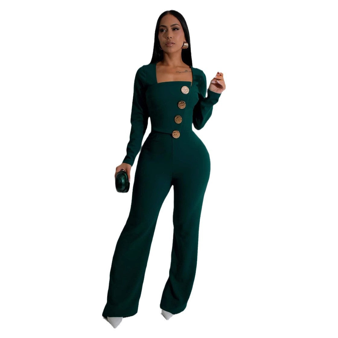 Women's Personalized Line Stitching Large Buttons Long-sleeved Pants