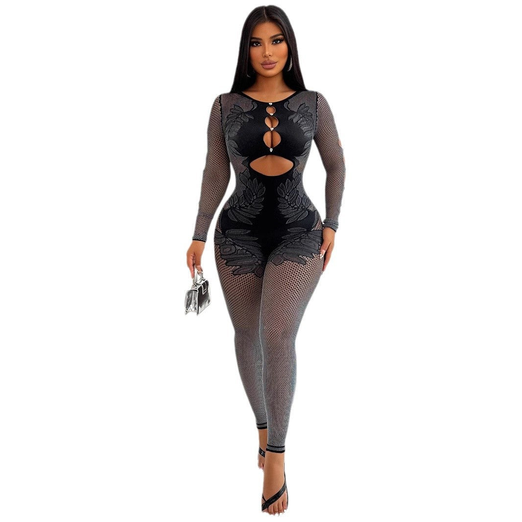 Women's Autumn Long-sleeved Diamond Hollow Nylon Knitted Women's Jumpsuit/clothing