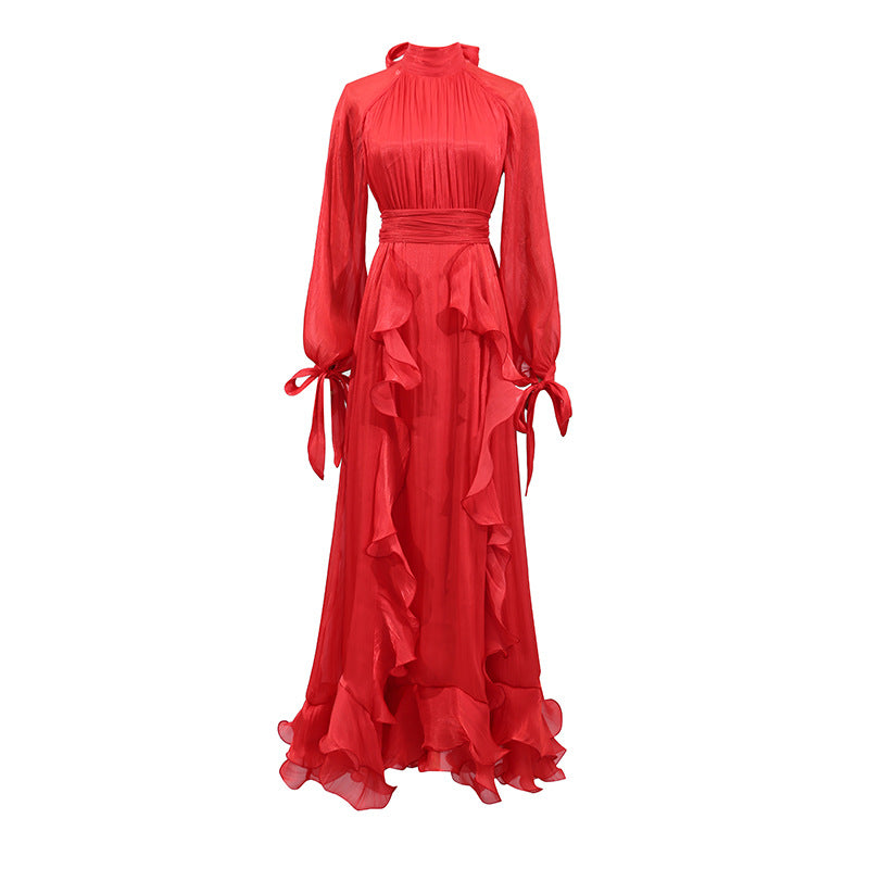 Women's Summer Stand-up Collar Puff Sleeve Pleated Dresses