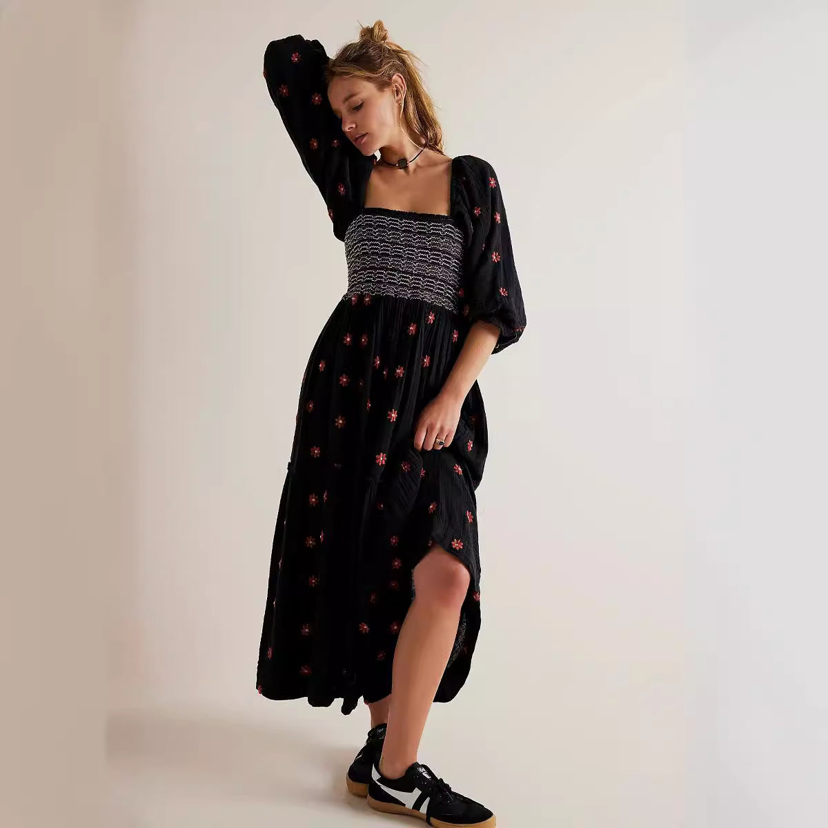 Autumn Casual Bell Sleeve Smocking Embroidered Square Dresses
