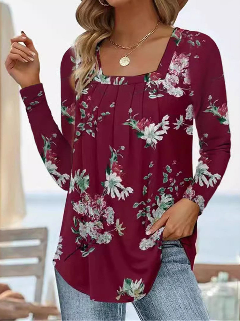 Women's Bohemian Style Ladies Pleated Square Collar Long Sleeve Swallowtail Women's T-shirt