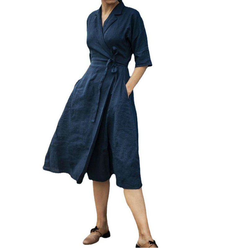 Linen Half Sleeve Turn-down Collar Large Swing Solid Dress