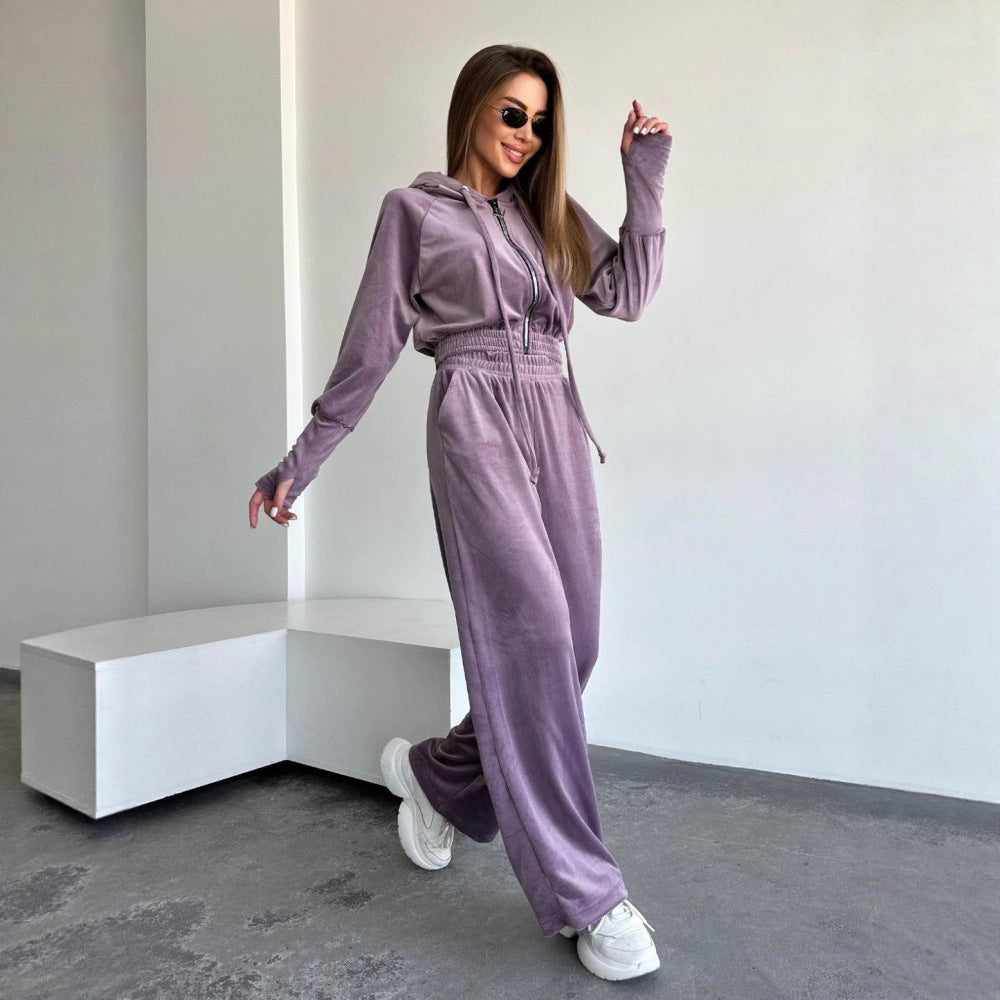 Women's Drawstring Two-piece Knitted Hooded Zip Sweatshirt Fashion Casual Suit
