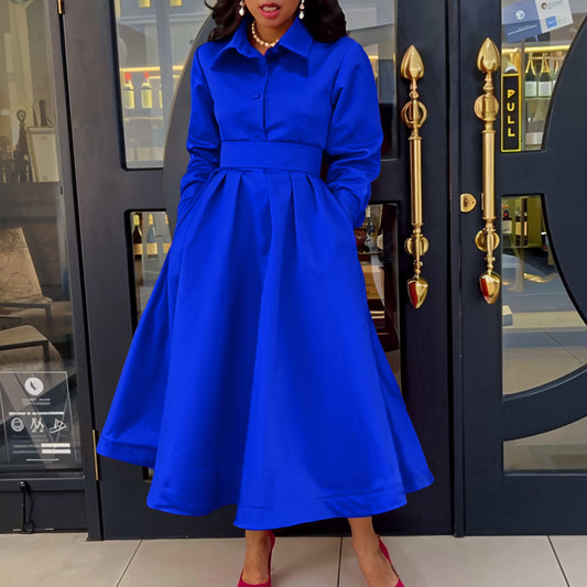 Women's Swing Solid Color Lapel Long Sleeve A- Line Dresses