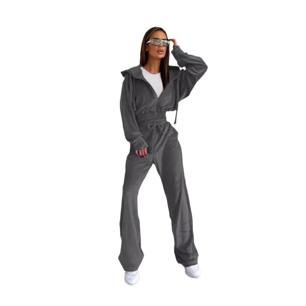 Women's Hooded Casual Zipper Sports Suede Trousers Suits