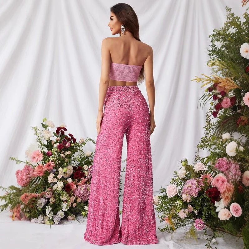 Pure Color Sequins Wide Leg Fashion Mid Pants