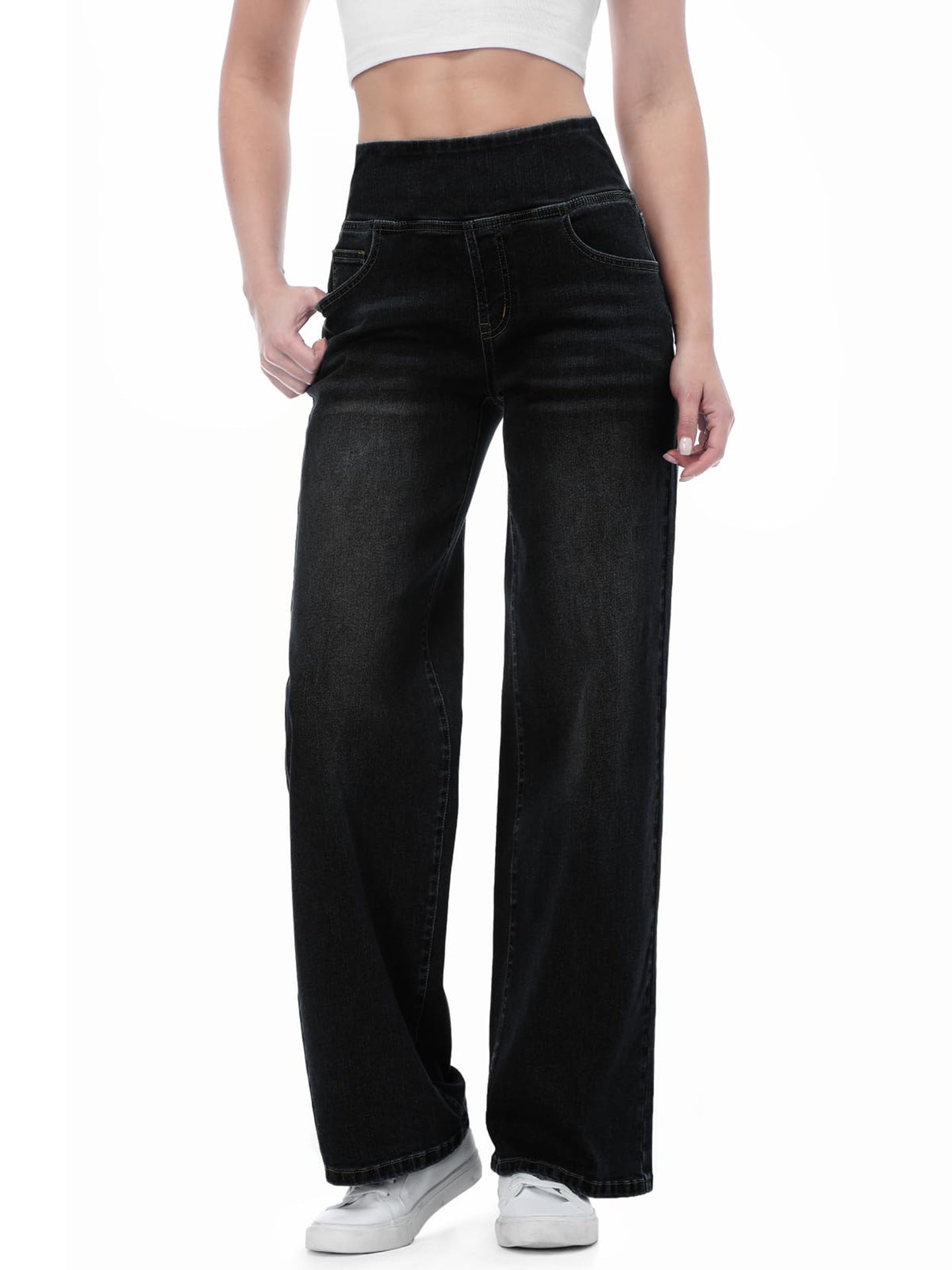 Women's Elastic Fashion Belly Contracting Strap Pocket Jeans