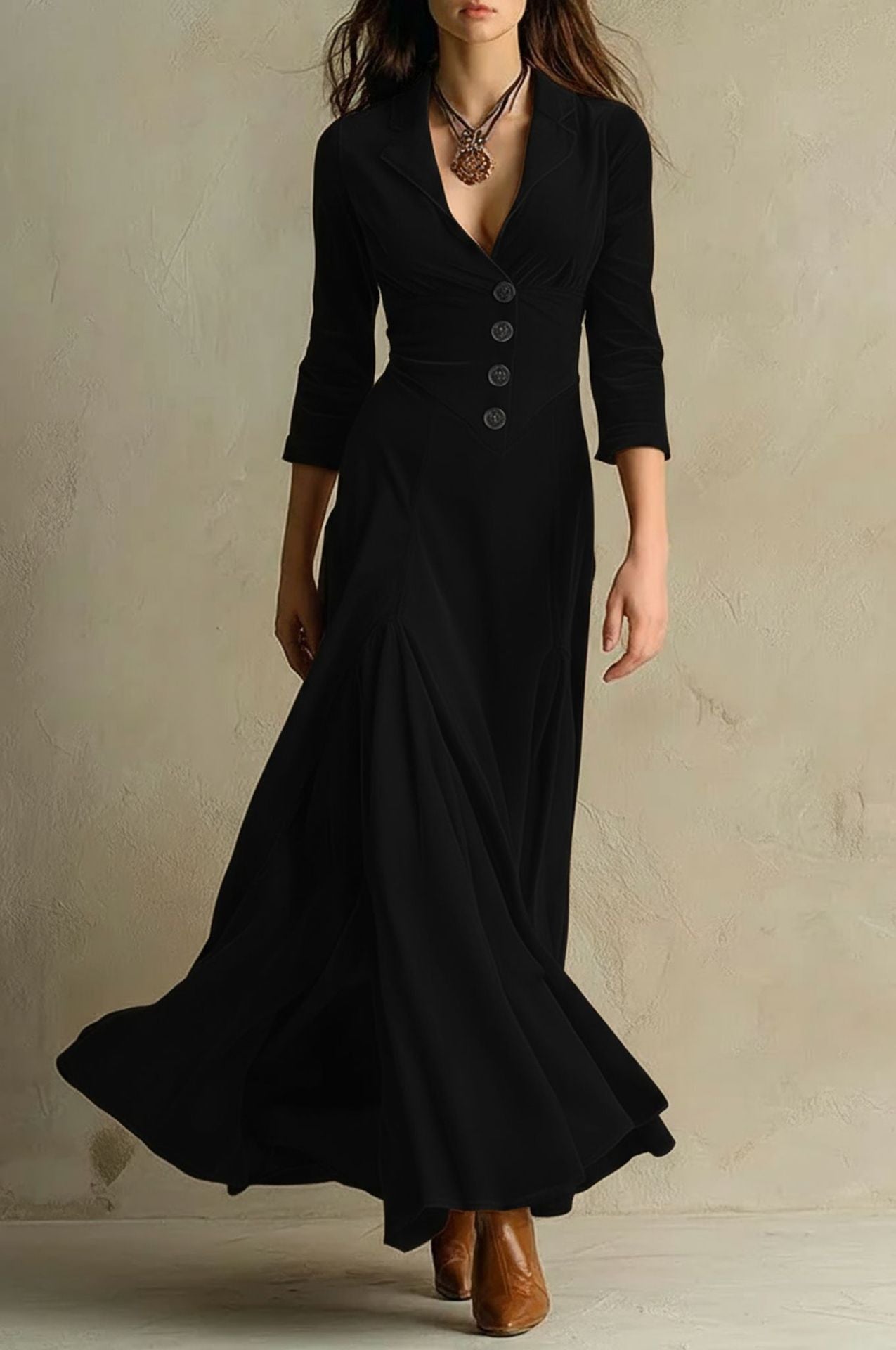 Women's Color Buttons Lapel Sleeve Maxi Dress Dresses
