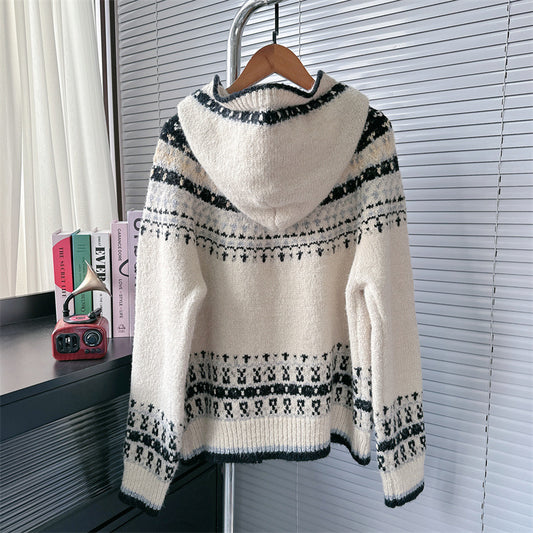 Women's Loose Korean Style Hooded Long-sleeved Jacquard Knitwear