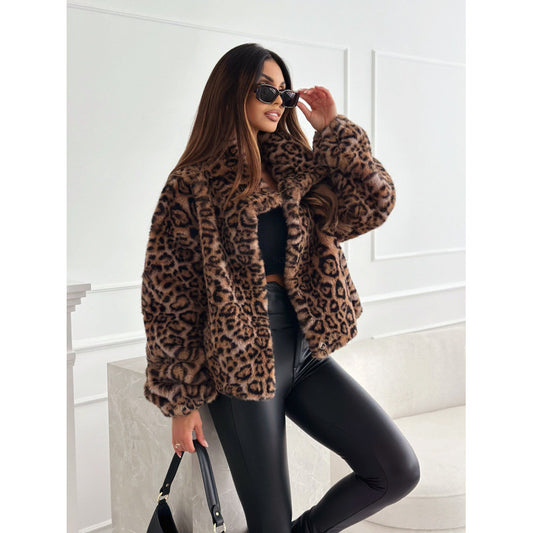 Women's Fashion Leopard Print Long Sleeve Furry Coats