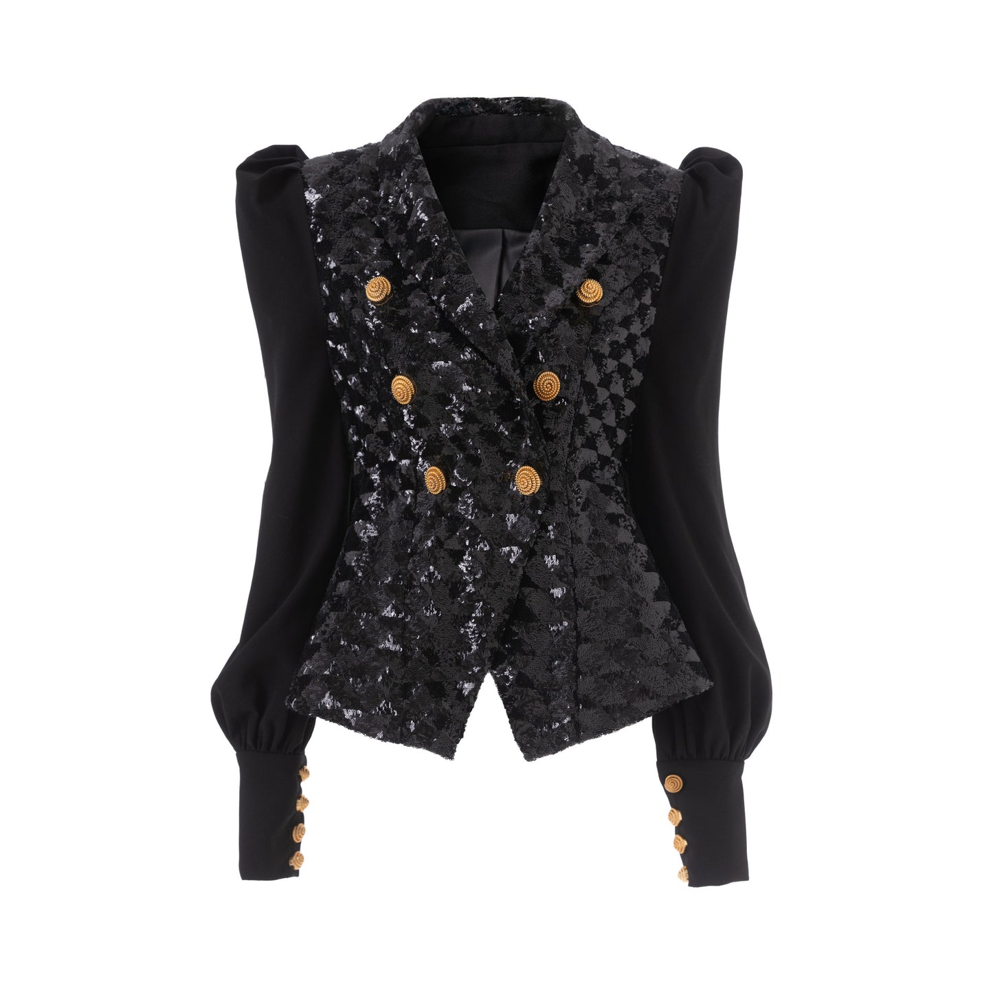 Sequined Black Panel Puff Sleeve Double Blazers