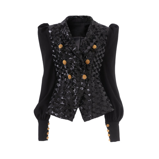 Sequined Black Panel Puff Sleeve Double Blazers