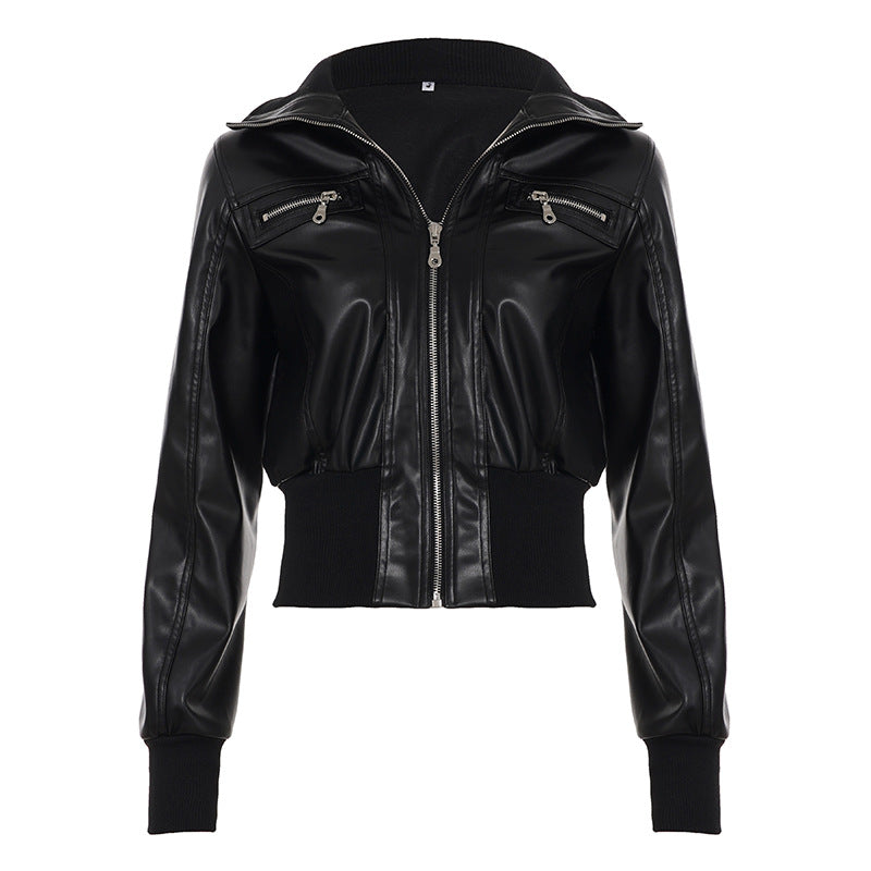 Women's American Style Retro Dark Leather Pocket Stitching Easy Jackets