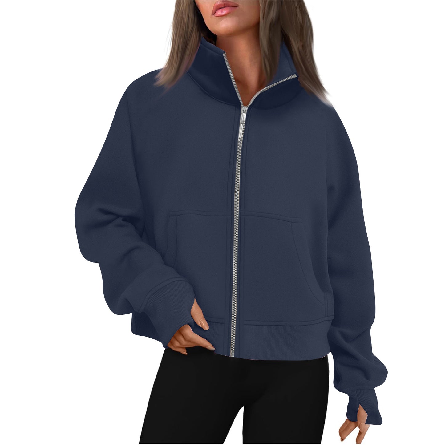 Women's Long Zipper Stand Collar Thumb Hole Brushed Women's Sweater, Sweater