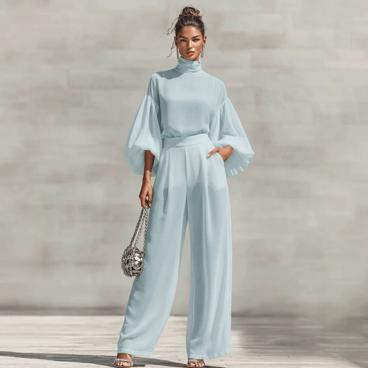 Color Stand Collar Bubble Long Sleeve High Waist Draping Wide Fashion Casual Suit
