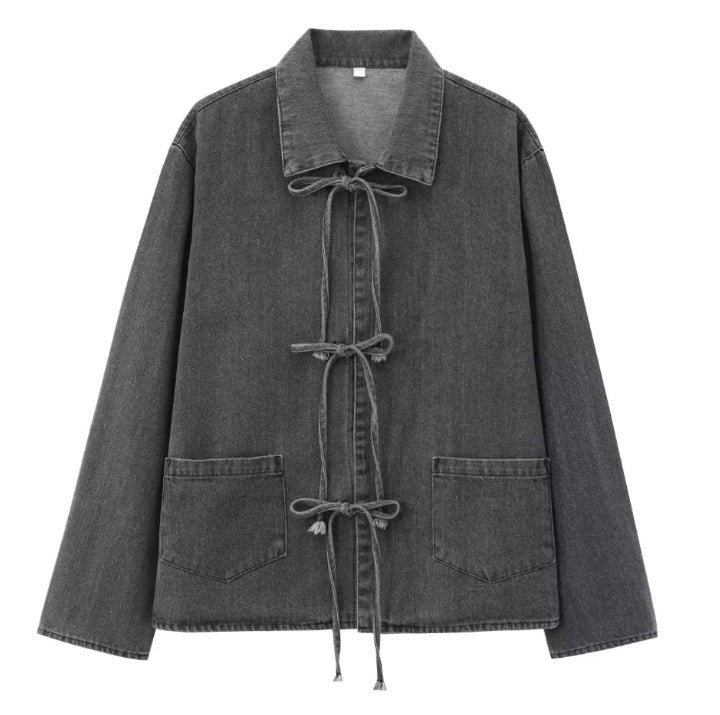 Women's Long Sleeve Washed Pocket Bow Shirt Jackets
