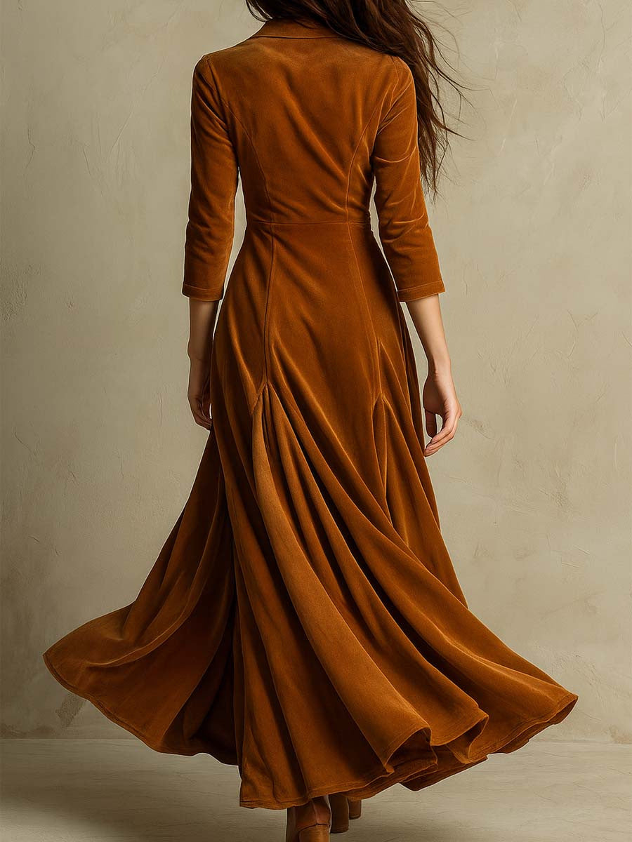 Women's Buttons Lapel Sleeve Maxi Dress Waist Dresses