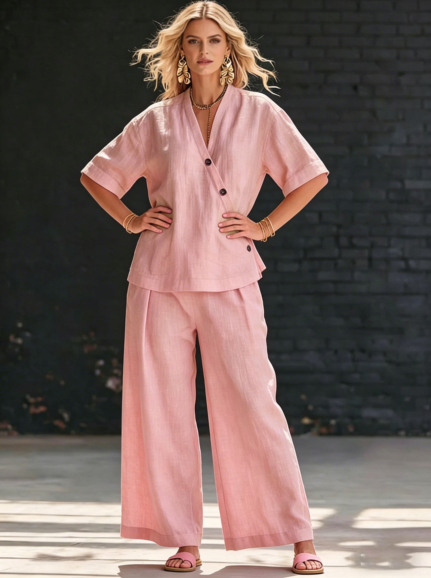 Women's Solid Color Loose Short-sleeved High Waist Trousers Fashion Casual Suit