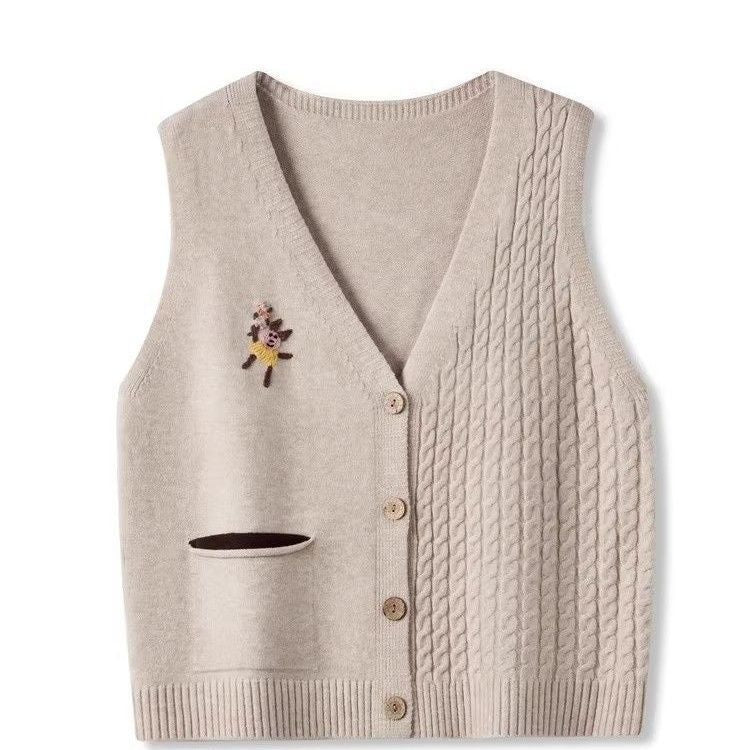 Women's Retro Twist Cartoon Embroidery Knitted Bandage Dress Women's Vest