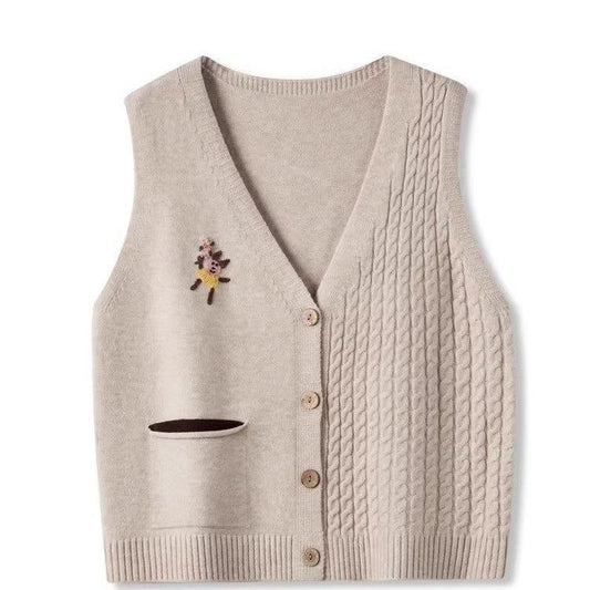 Women's Retro Twist Cartoon Embroidery Knitted Bandage Dress Women's Vest