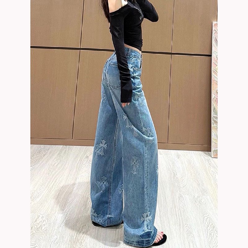 Women's Cross Jacquard Embroidered High Waist Straight Jeans