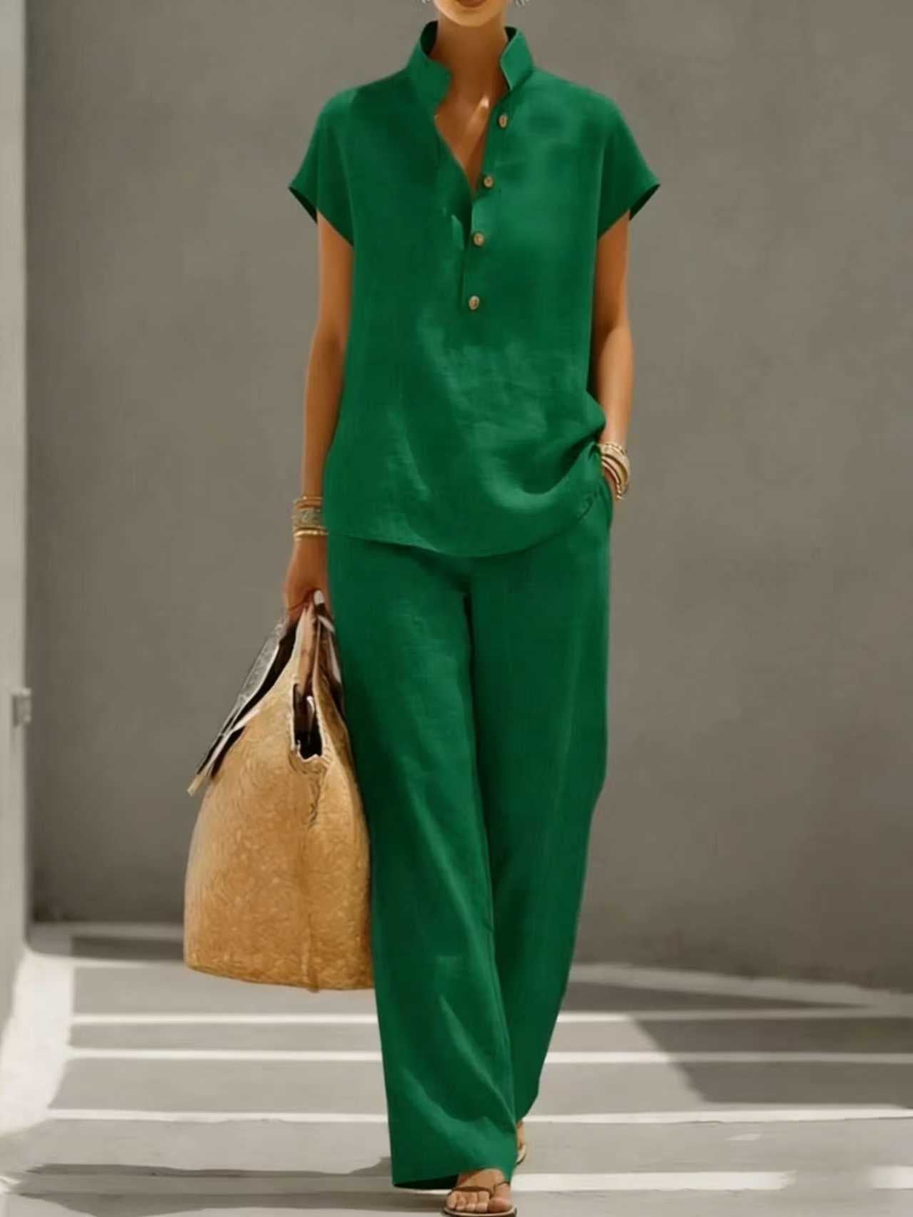 Women's Two-piece Summer Solid Color Sleeve Shirt Trousers Shorts
