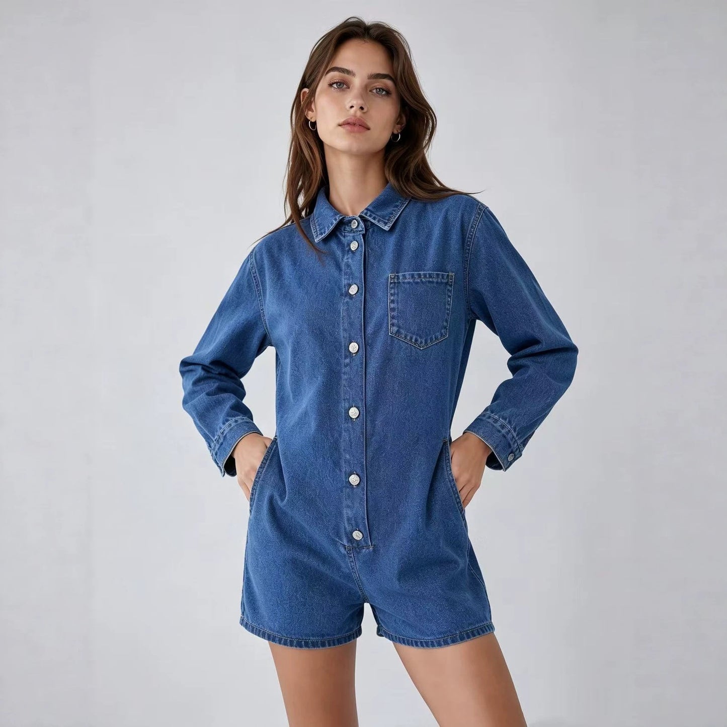 Women's Long Sleeve Casual Loose Cowboy Siamese Women's Jumpsuit/clothing