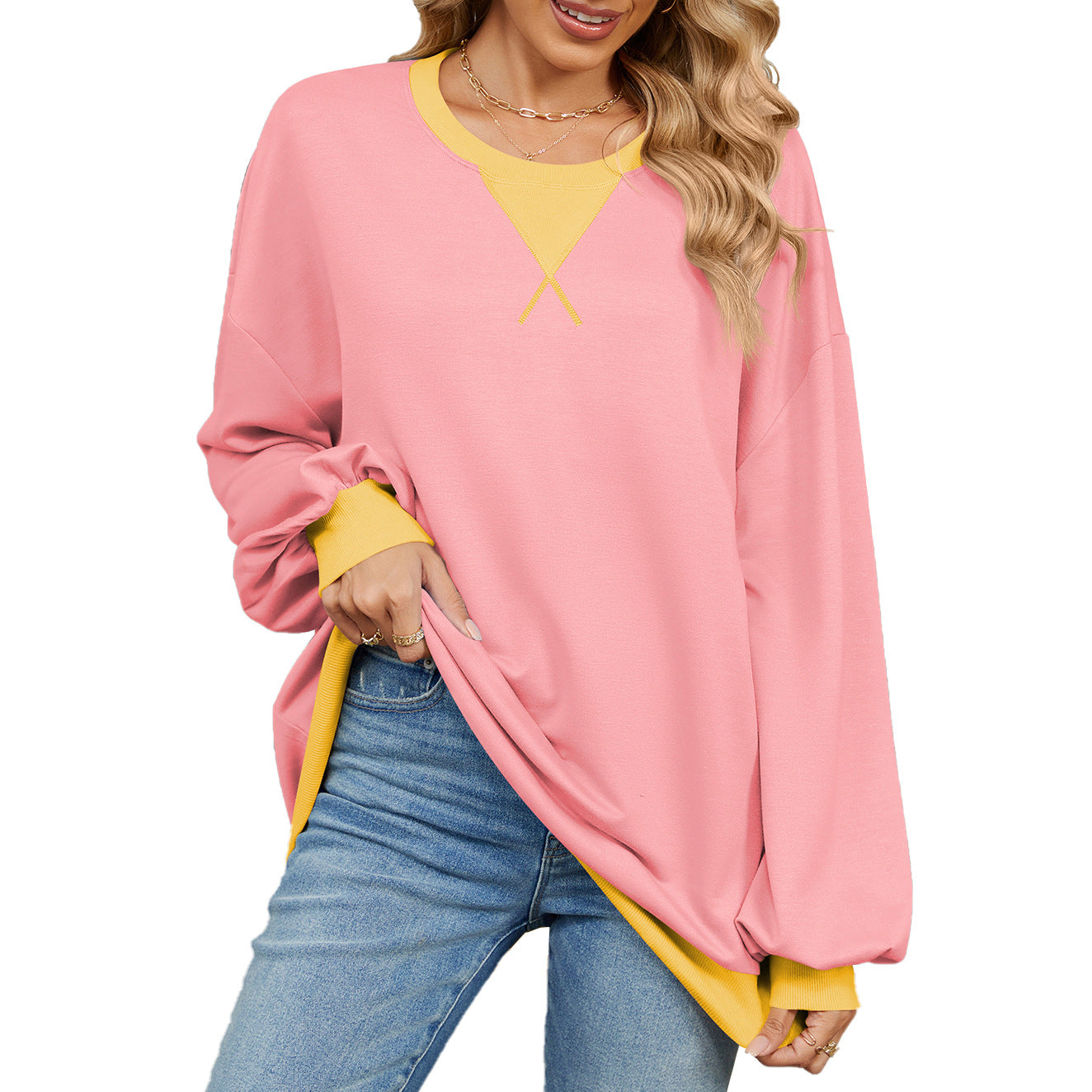 Women's Contrast Color Round Neck Loose Long Women's Sweater, Sweater