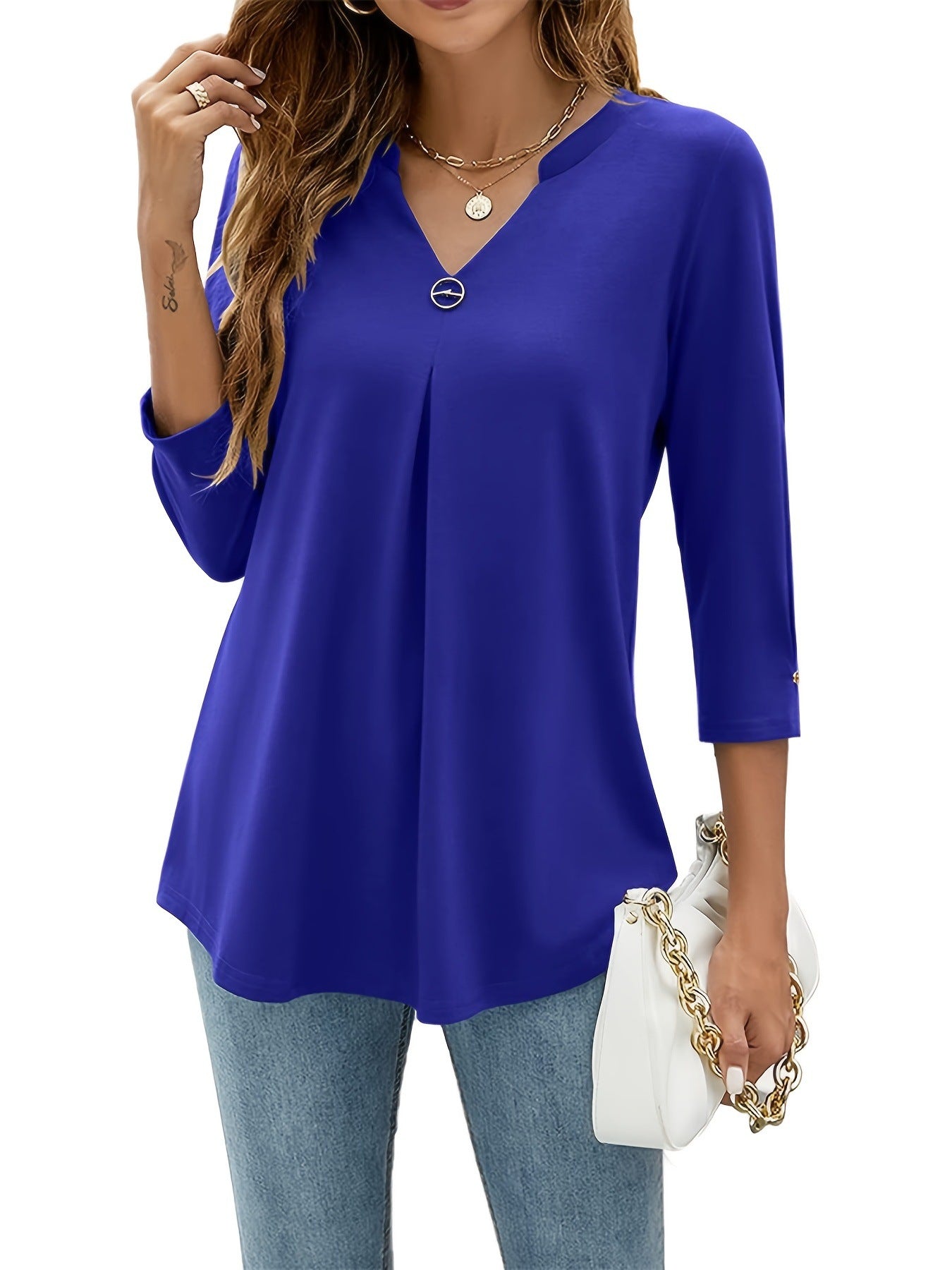 Women's Three-quarter Sleeve Solid Color Clinch Pleated Women's T-shirt