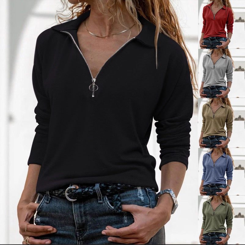 Women's Knitted Fabric Lapel Zipper Casual Long Women's T-shirt
