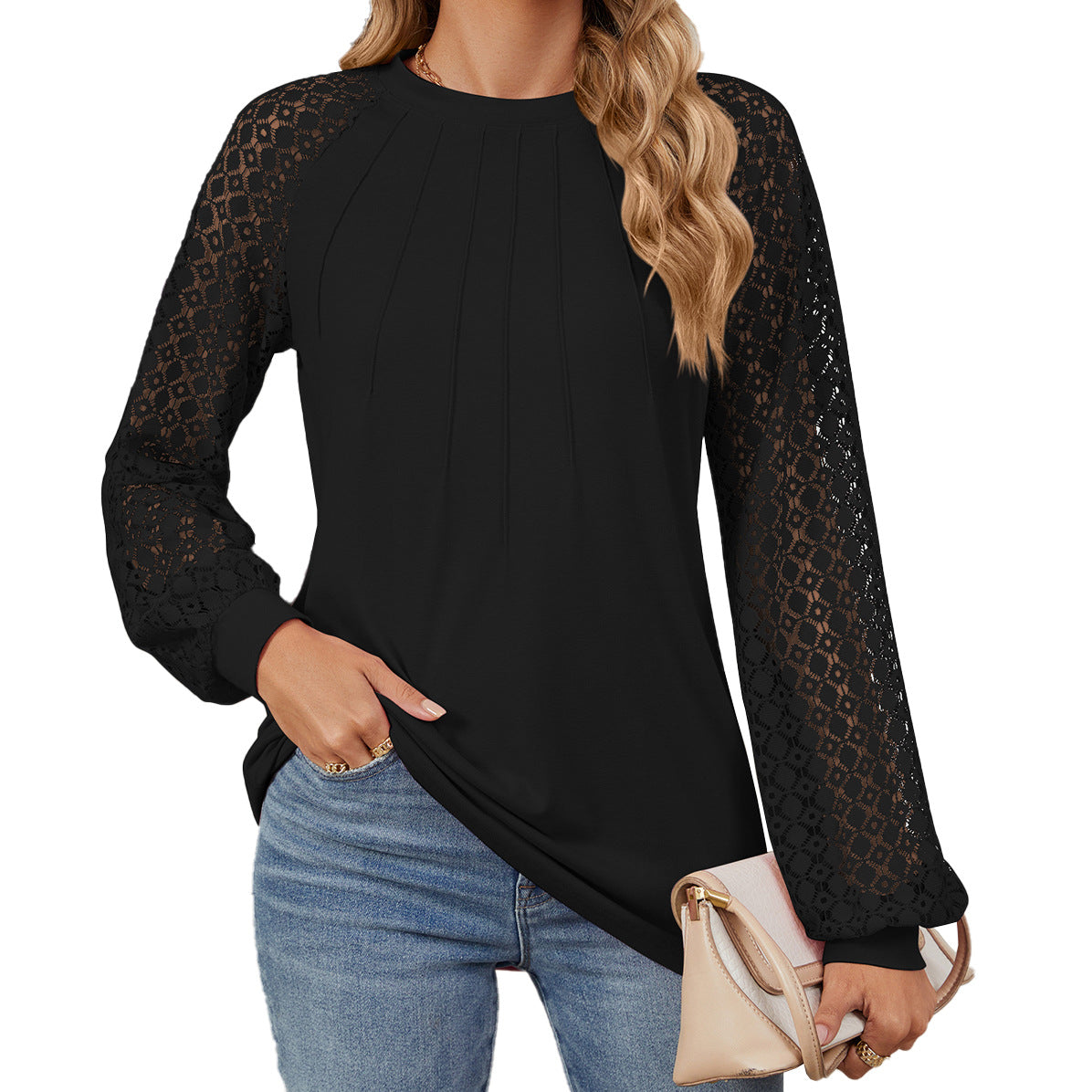 Women's Lace Patchwork Round Neck Long Sleeve Tops