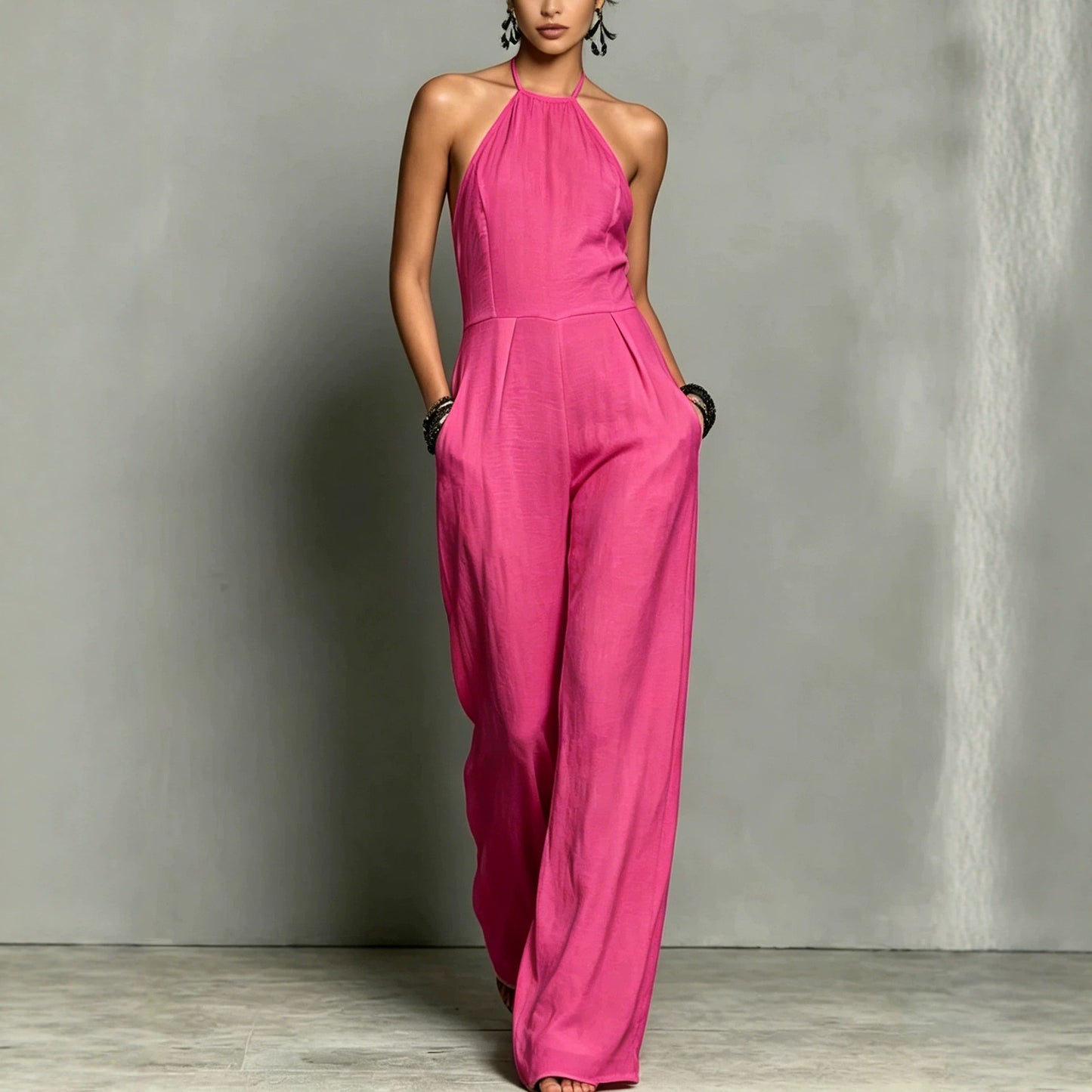 Women's Vacation Style Pleated Halter Backless Wide Women's Jumpsuit/clothing