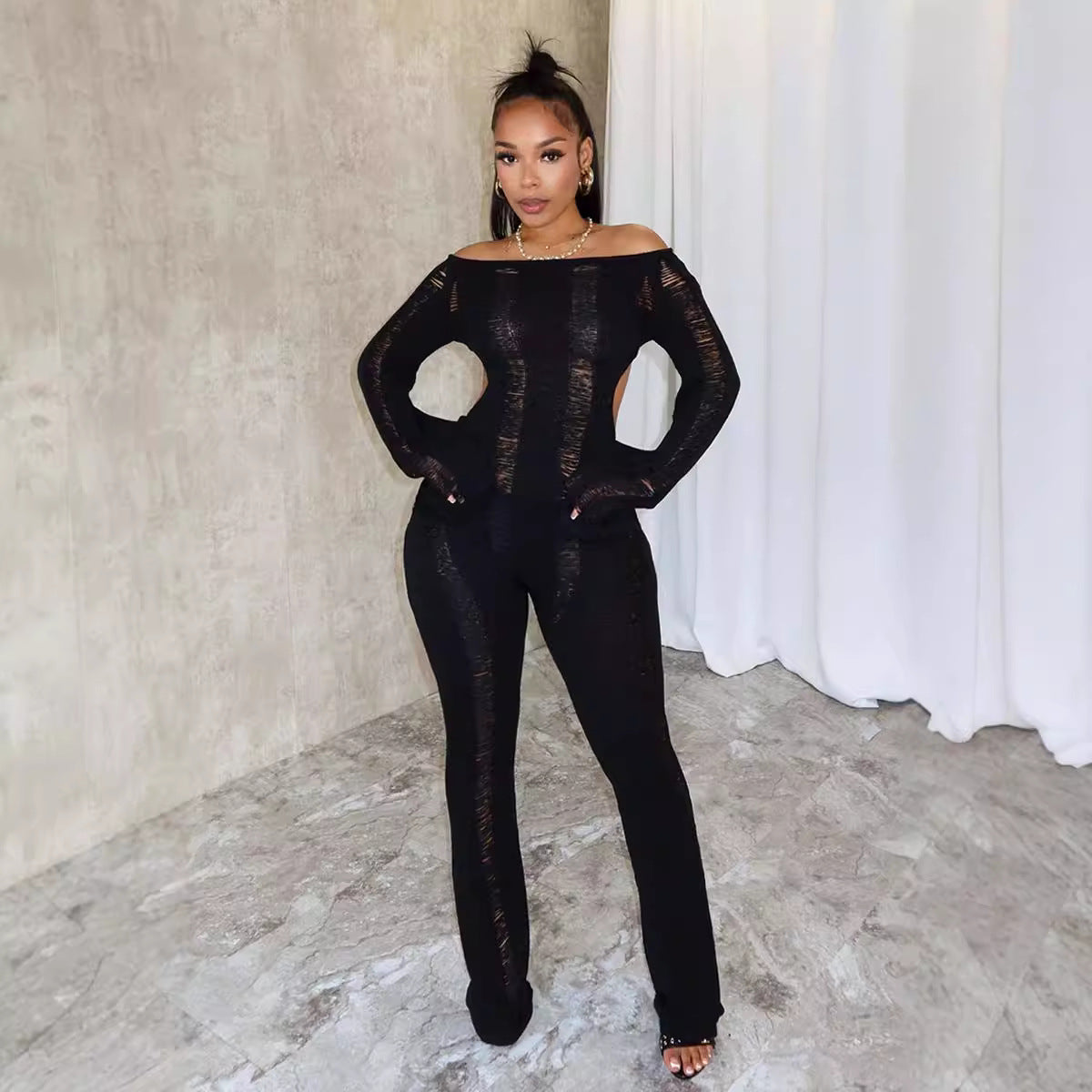 Women's Sexy Cutout Thin Long-sleeved Trousers Back Jumpsuits
