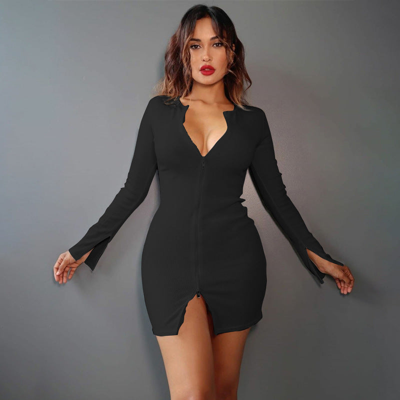 Stylish Elegant Pretty Zipper Solid Color Dress