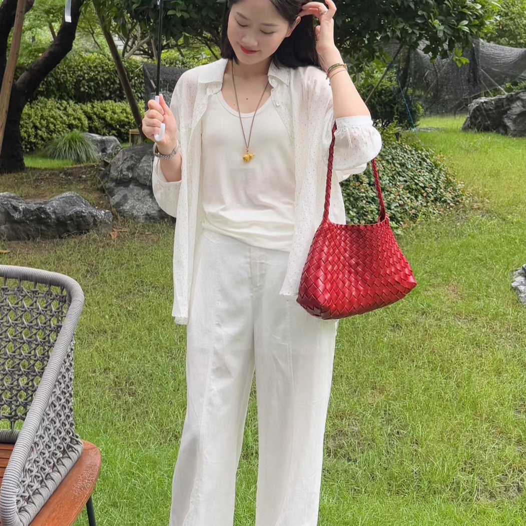 Women's Red Genuine Leather Woven Dumpling Armpit Bags
