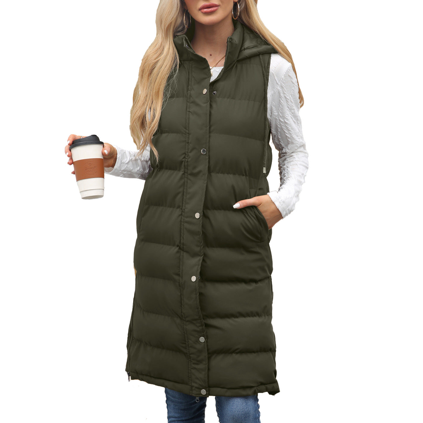 Women's Ladies Hooded Sleeveless Long Solid Color Vests