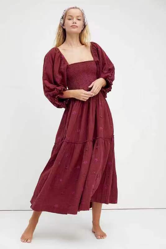 Autumn Casual Bell Sleeve Smocking Embroidered Square Dresses