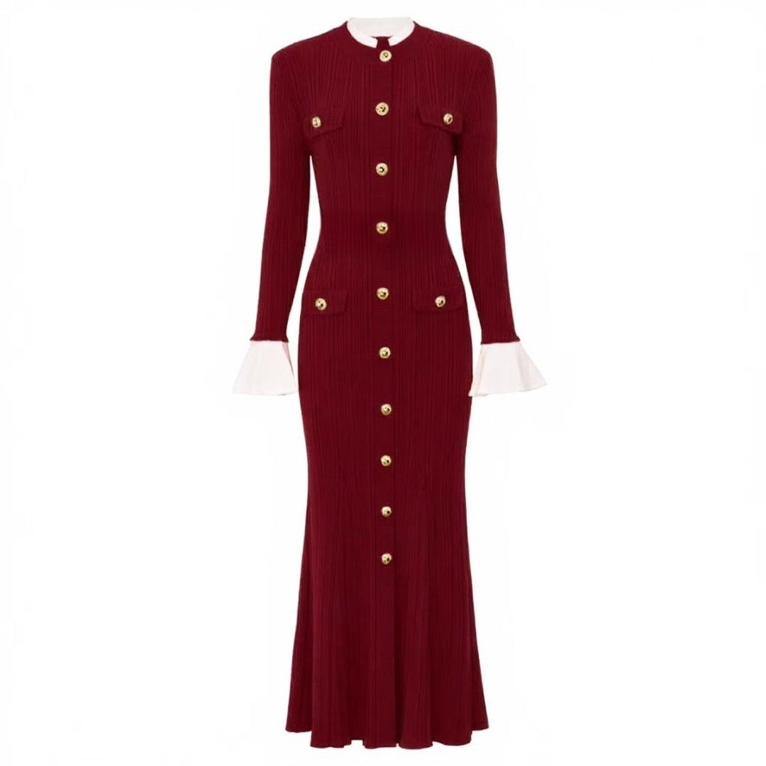 French Style Slim Fit Long Dress Sleeve Waist Dresses