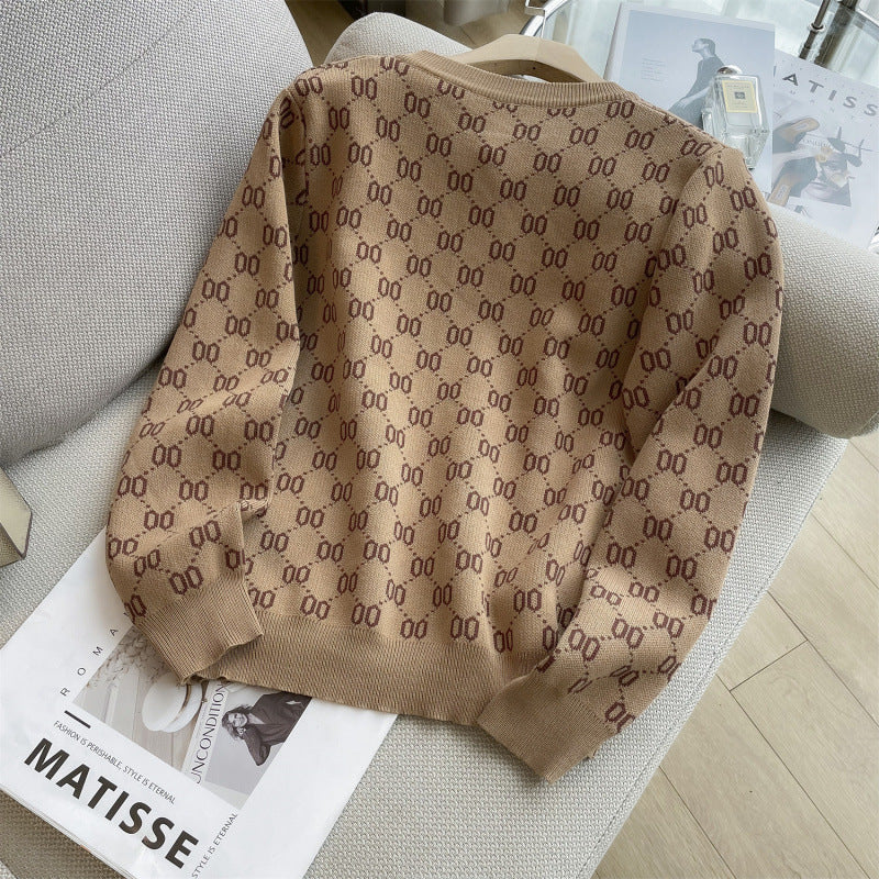 Classic Style Metal Buckle Letter Jacquard Knitted Round Neck Cardigans