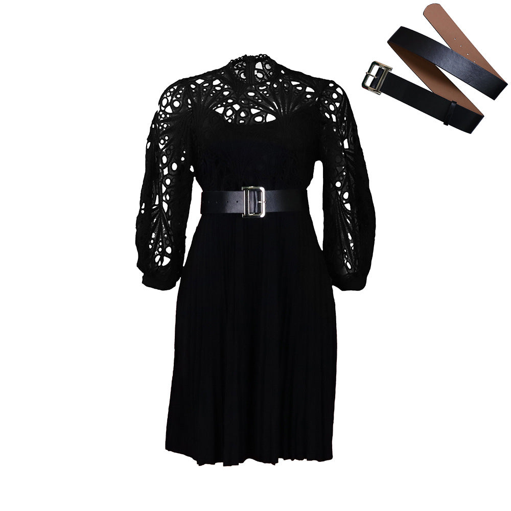 Women's Temperament Pure Color Lace Crocheted Pleated Dress